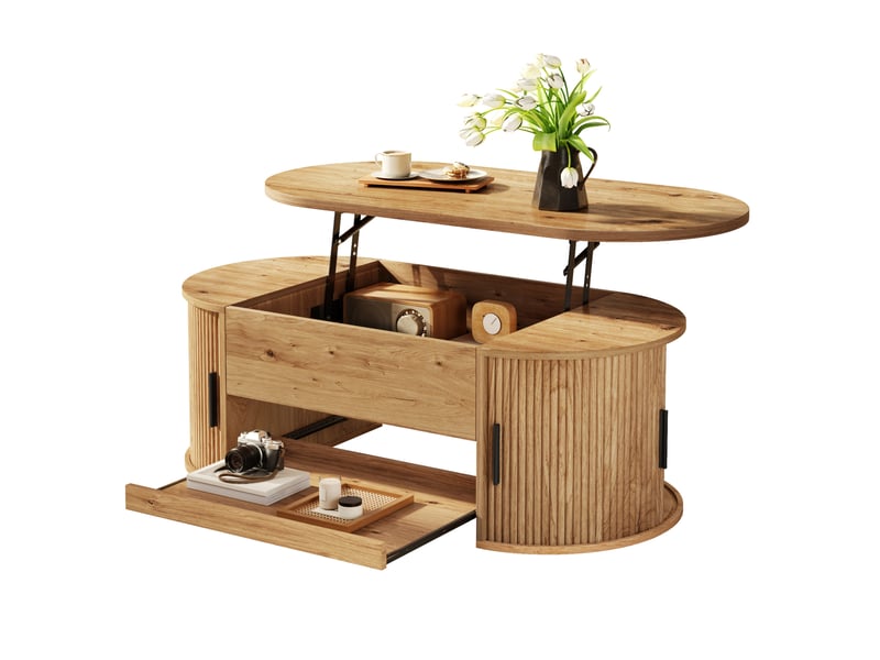  Table basse relevable avec rangements cachés, portes coulissantes et plateau coulissant pour salon en mdf naturel  - Conforama A
