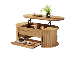Table basse relevable avec rangements cachés, portes coulissantes et plateau coulissant pour salon en mdf naturel