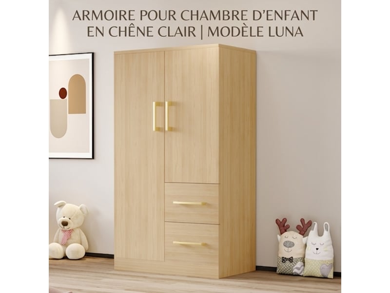  Armoire enfant 2 portes en bois naturel avec tiroirs, 70x40x135 cm, meuble de rangement chambre  - Conforama B