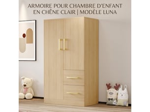 Armoire enfant 2 portes en bois naturel avec tiroirs, 70x40x135 cm, meuble de rangement chambre