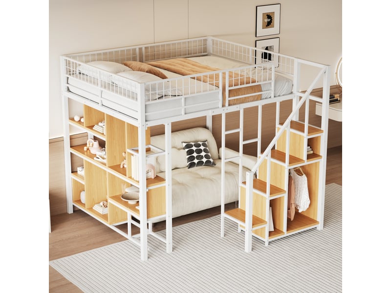 Lit mezzanine 140x200 cm métal pour adulte et ado avec escalier et rangements, design moderne en mdf + contreplaqué - blanc - Conforama B