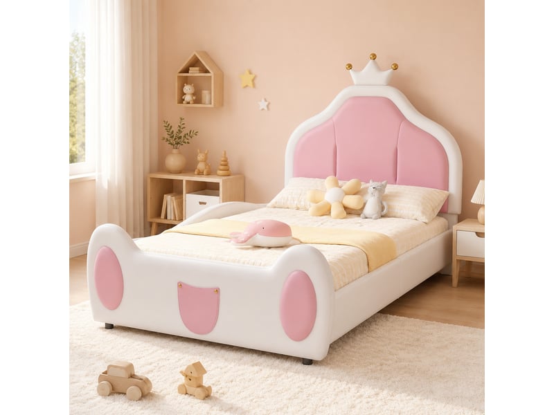  Lit jeune lit simple 90x200 cm équipé de tête de lit en forme de couronne, finition pu rose + blanc  - Conforama B