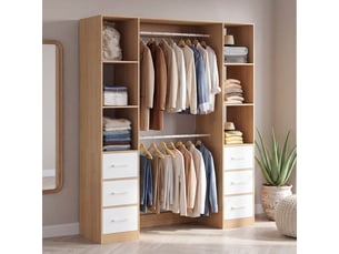 Dressing double penderie + double colonne l. 140 cm uppah avec 6 étagères et 6 bacs en tissu bois et blanc