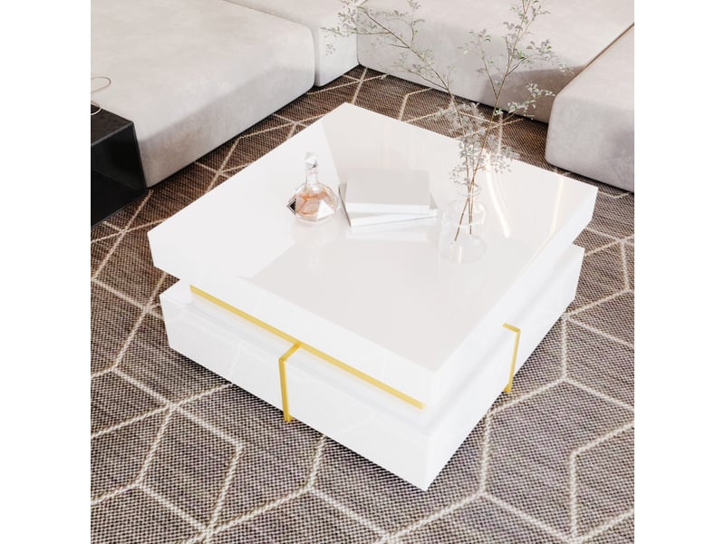  Table basse avec 2 tiroirs pour salon en panneaux de particules 70×70×35,5 cm blanc brillant et doré  - Conforama B