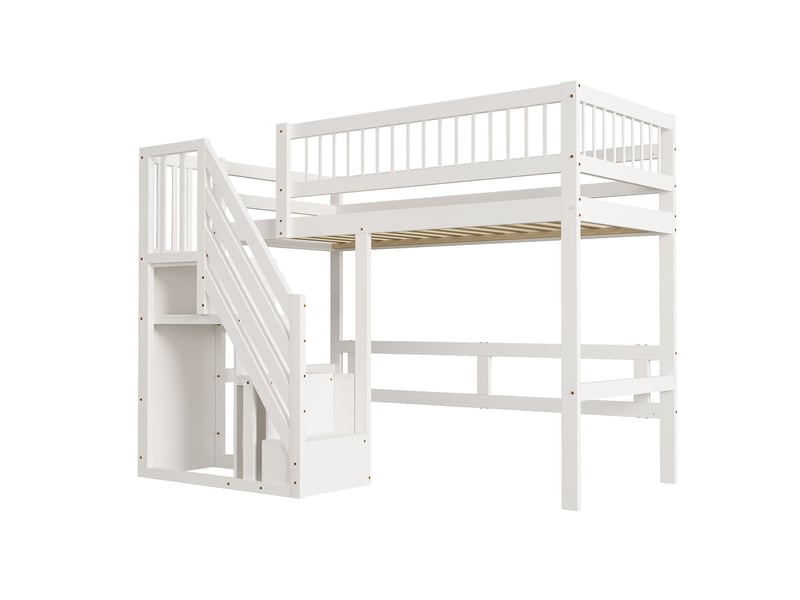  Lit mezzanine 90x200 cm en bois massif blanc, escalier avec rangement et barrières hautes  - Conforama A