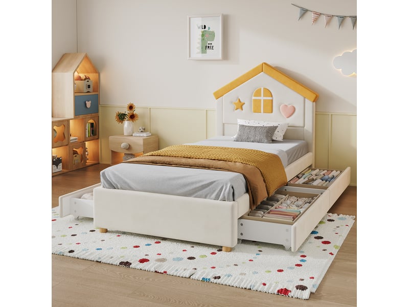  Lit enfant 90 × 200 cm 1 place avec 4 tiroirs et tête de lit maison, sans matelas, en velours beige  - Conforama B