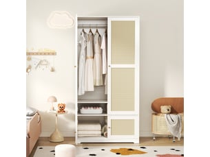 Armoire 2 portes avec penderie et étagères, 90x48x180 cm, mdf blanc, portes en rotin
