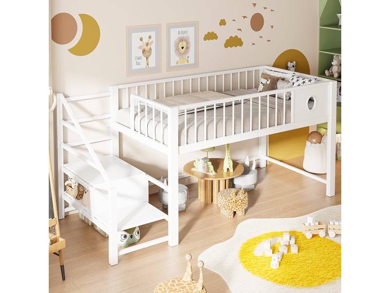  Lit mezzanine bas 90 x 200 cm, avec échelle de rangement, cadre métallique stable, pour enfants et adolescents, blanc  - Conforama B