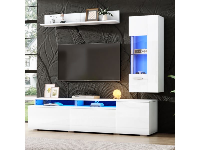 Meuble tv mural complet 3 pièces blanc laqué avec led ensemble de salon moderne table tv vitrine et étagère pour tv jusqu'à 80 - Conforama B