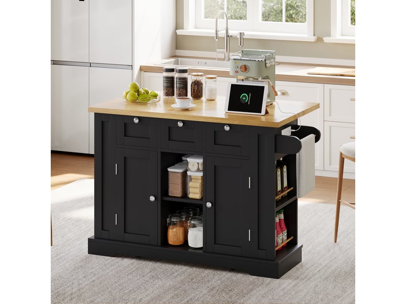  Îlot de cuisine 132x40x87 cm, desserte extensible avec tiroirs, porte-épices, porte-serviettes et prise, mdf, noir et naturel  - Conforama W