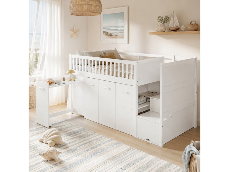  Lit superposé enfant multifonction avec bureau, armoire et rangements, blanc, 90 x 200 cm  - Conforama C