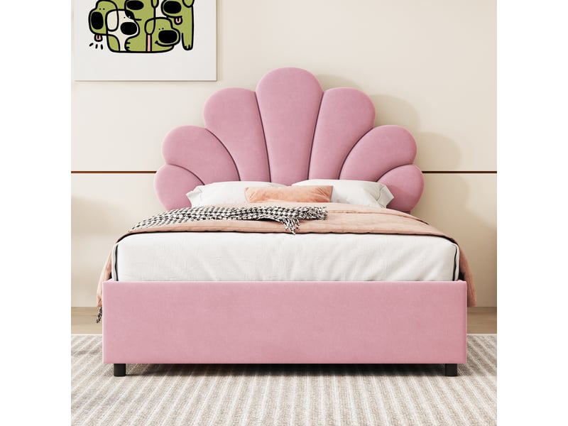 Lit coffre enfant 90 × 200 cm 1 place avec rangement hydraulique et tête de lit réglable, sans matelas, rose - Conforama C