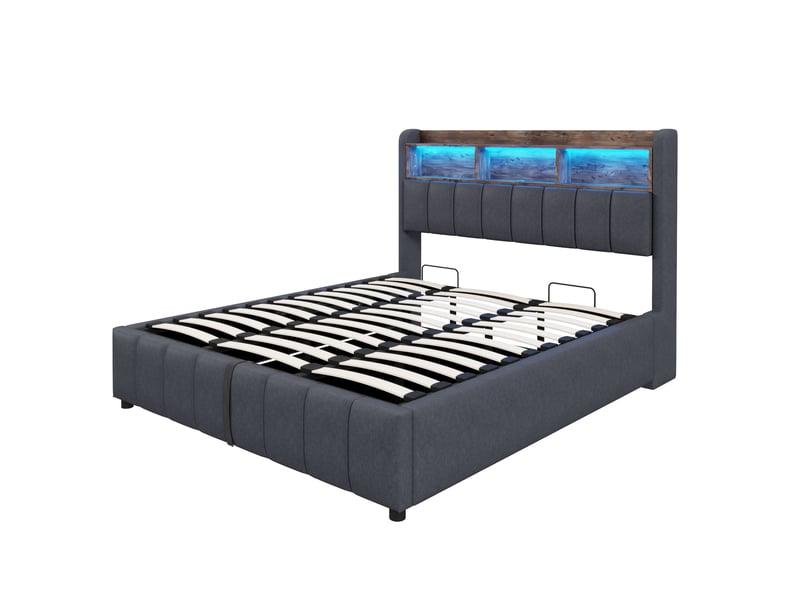  Lit capitonné 180x200 cm gris en lin, led, prise usb, tête avec rangements et coffre hydraulique et cadre métal stable  - Conforama A