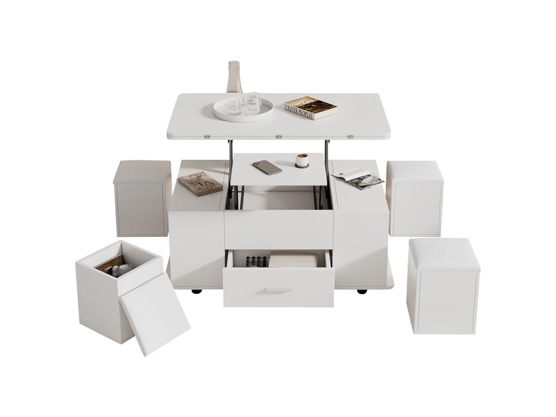  Table basse relevable blanche, transformable en table à manger 100x100 cm, avec 4 poufs et roulettes  - Conforama W