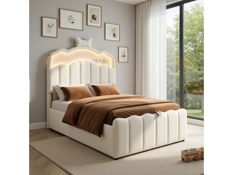 Lit d'enfant 90 x 200 cm, équipé de ports de recharge usb et usb-c, en velours, beige - Conforama B
