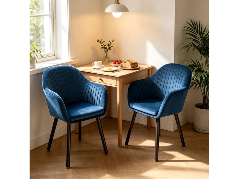  Lot de 2 chaises de salle à manger 50x42x81cm, structure métallique et en bois massif, style scandinave, finition noir et bleu, accoudoirs, dossier incurvé  - Conforama D