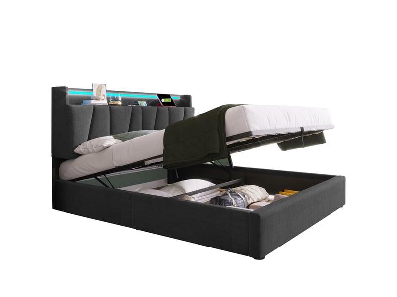  Lit coffre double 160 x 200 cm gris avec matelas, tête de lit rangement, led et prises usb  - Conforama A