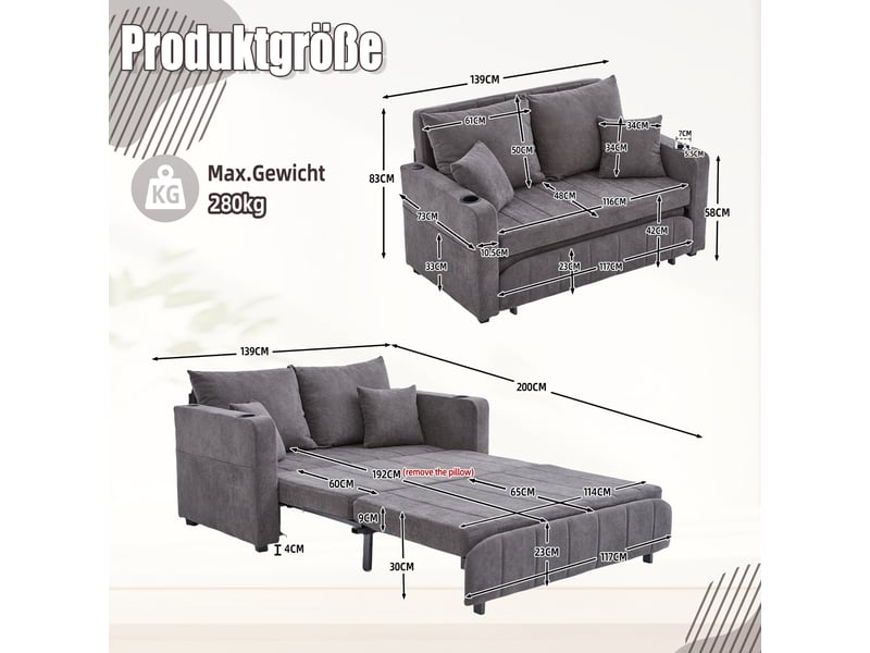  Canapé droit convertible 2 places en tissu gris avec usb, porte-gobelets et rangement, idéal petit espace  - Conforama C