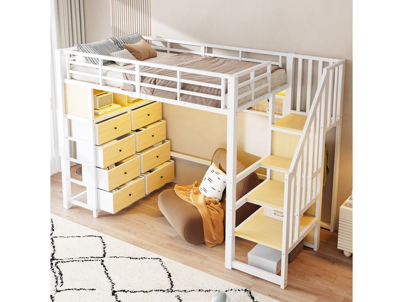 Lit mezzanine enfant 90 × 200 cm avec 8 tiroirs, led, étagères et barrière, sans matelas, blanc - Conforama B