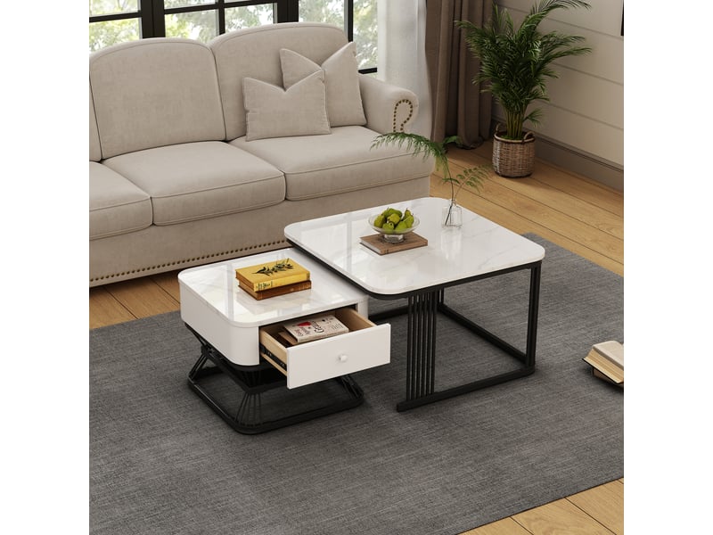  Lot de 2 tables basses gigognes carrées blanc - 70x70 cm mdf table basse blanc - Conforama E