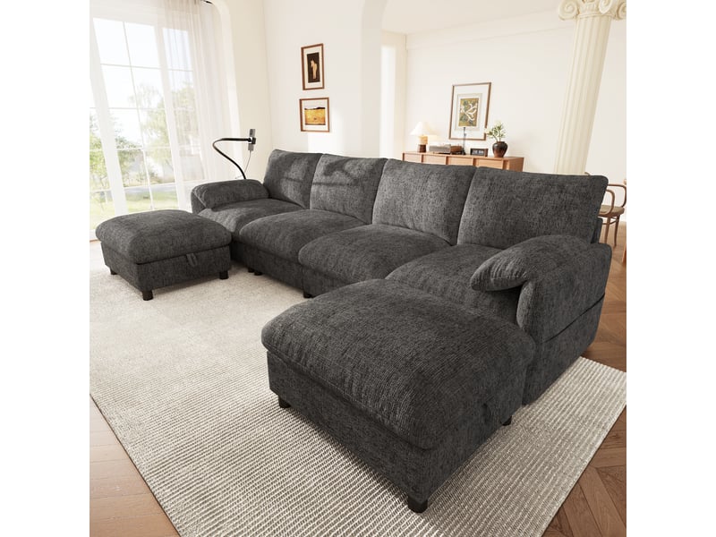 Canapé d'angle modulable gris 6 places tissu chenille, port usb-c, support téléphone et poufs de rangement - Conforama W