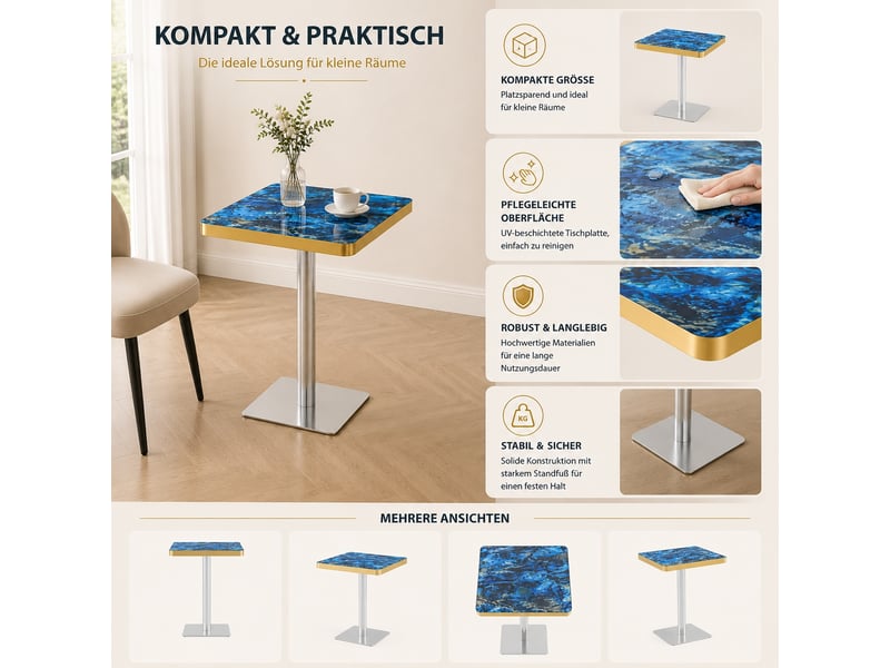  Table à manger carrée,60x60x74 cm,avec piètement métal,mdf,bleu effet marbre  - Conforama E