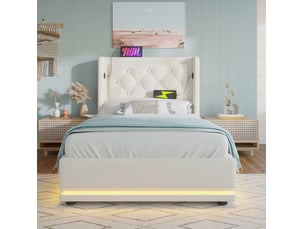 Lit coffre 90 x 200 cm blanc en pu avec tête de lit, led 3 côtés et fonction de recharge usb type-c