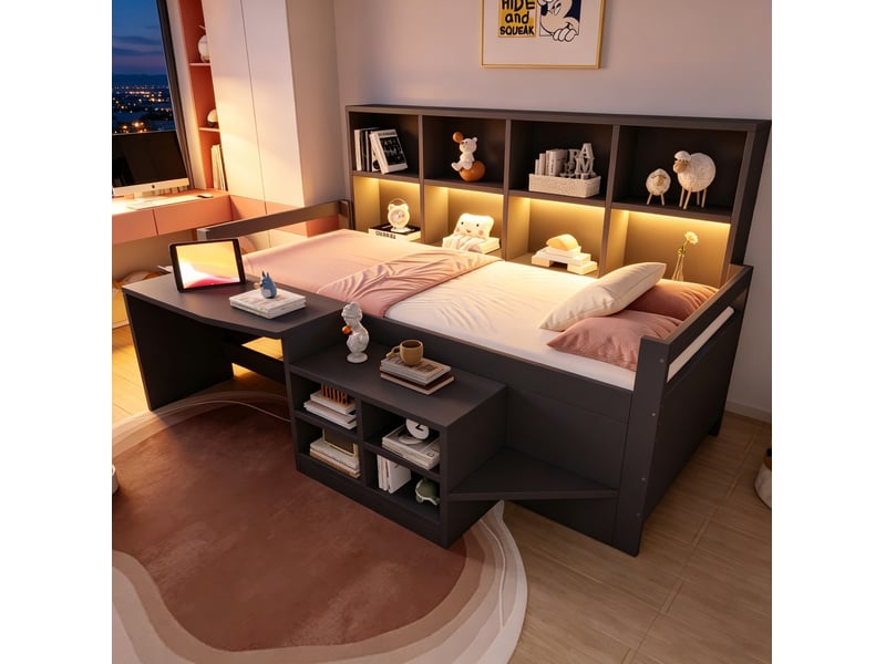  Lit enfant multifonction 90 x 200 cm avec bureau, rangements, led et prises, gris  - Conforama E