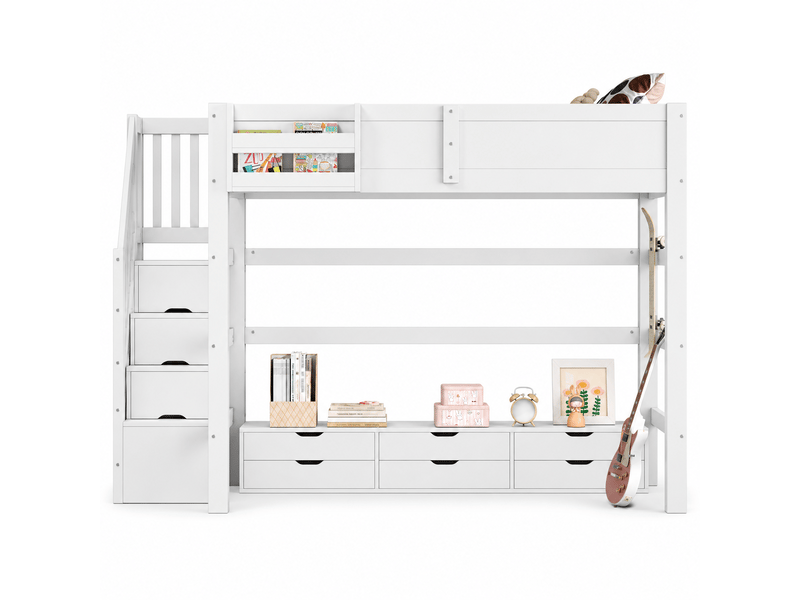  Lit mezzanine enfant 140x200 cm avec 6 tiroirs, escalier de rangement, grand espace sous le lit, garde-corps, structure en pin et mdf, blanc  - Conforama A