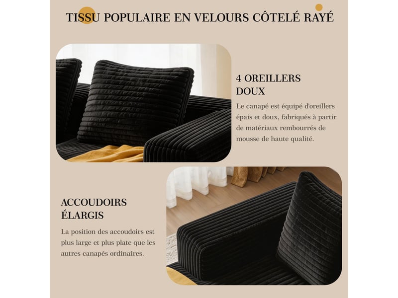  Canapé d'angle modulable 261 cm avec méridienne-assise profonde style cloud-en velours côtelé-noir  - Conforama E