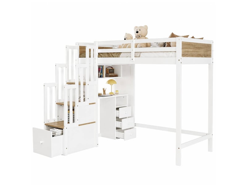  Lit mezzanine enfant 90x200 cm – blanc et naturel – bureau, escalier de rangement et tiroirs - sans matelas  - Conforama A