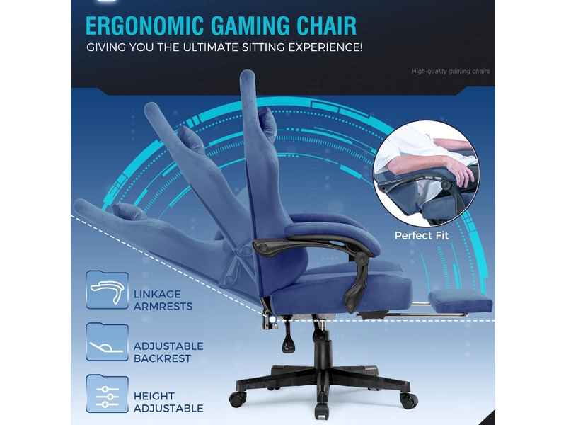  Gtplayer chaise de jeu inclinable à 160° avec repose-pieds 180kg - tissu bleu GT829-BL - Conforama E
