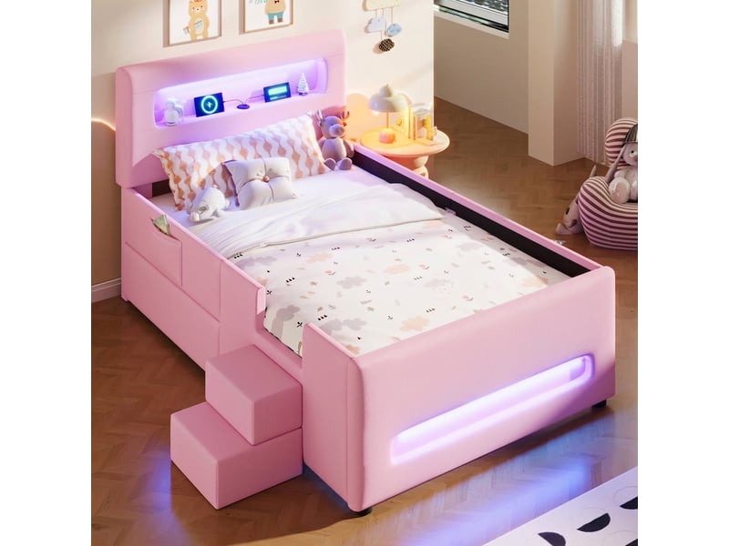  Lit 90x200 avec tiroir de rangement, lit enfant avec éclairage led et port usb, rose  - Conforama C