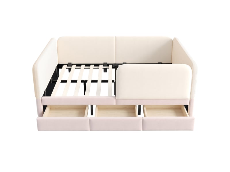  Lit rembourré enfant 140x200 cm avec barrière de sécurité tout autour, bords arrondis et grand tiroir, velours rose evarich - Conforama D