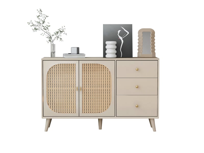 Buffet 120x40x82,5cm avec 3 tiroirs, 2 portes, grand rangement, style tendance, panneaux de particules, off-white - Conforama A