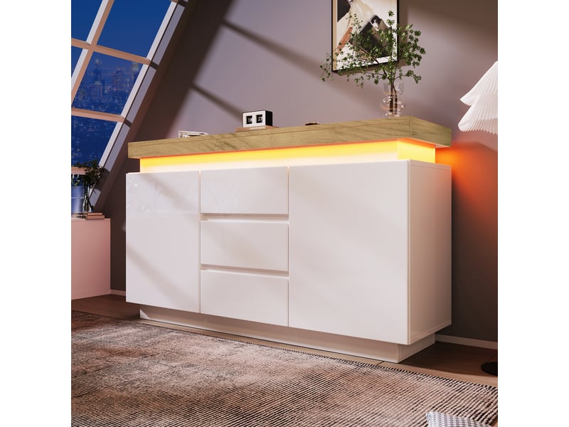 Buffet bas 140x39x81 cm avec 2 portes, 3 tiroirs et éclairage led, meuble de rangement en mdf et panneaux de particules - blanc - Conforama B