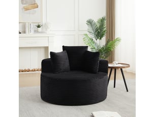 Fauteuil pouf rond 1 place avec trois coussins, larges accoudoirs et dessous antidérapant en velours côtelé noir