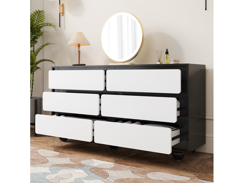  Commode à 6 tiroirs – design moderne noir et blanc – 140 x 38 x 74,5 cm  - Conforama C