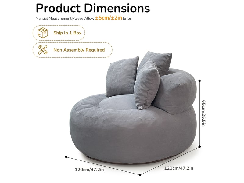  Fauteuil lounge rond 120x120 cm – gris – velours côtelé et mousse haute résilience, sans montage requis  - Conforama C