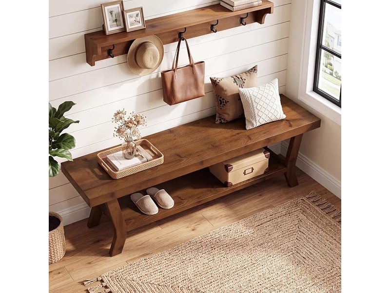  Banc en bois massif de 140 cm de long, banc d'entrée avec étagère à chaussures, banc de style campagnard pour couloir, chambre, dressing, marron  - Conforama D