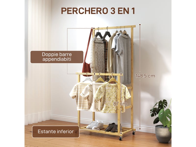 Portant à vêtements en bambou à roulettes, étagère à chaussures, 2 barres de suspension, 80 x 40 x 160 cm, naturel - Conforama E