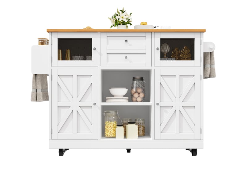  Desserte de cuisine 140x40x93,5 cm blanche en mdf et métal, plateau pliant, rangements à roulettes  - Conforama A