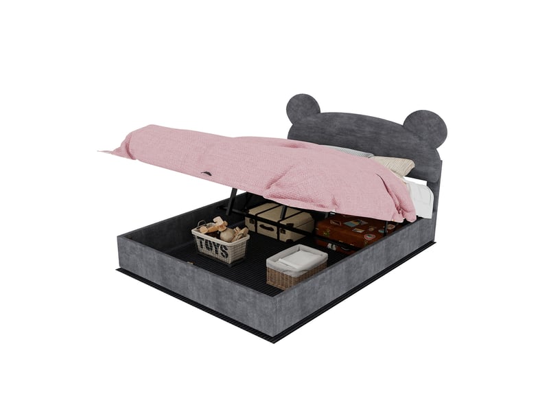 Lit coffre 140x200 cm, tête de lit rembourrée forme ludique, rangement à vérins, tissu et métal gris, sans matelas  - Conforama A