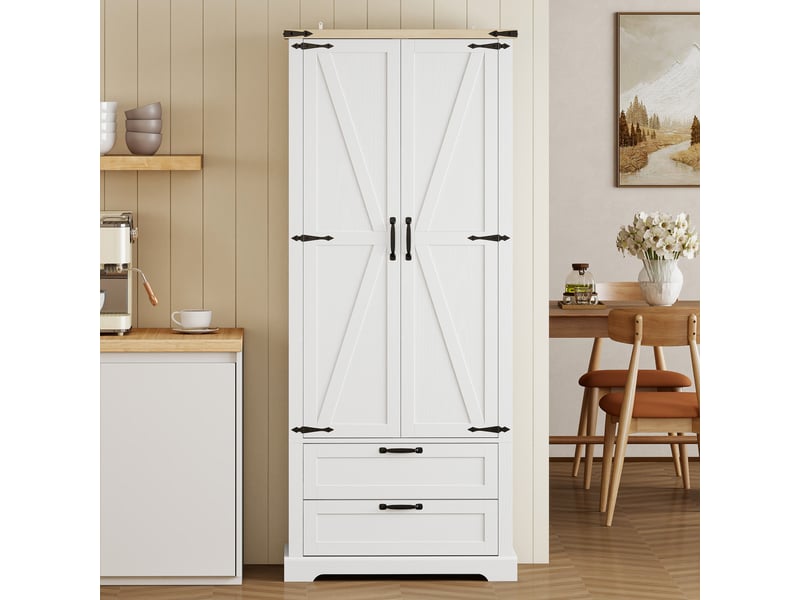  Buffet haut cuisine, armoire de cuisine avec 2 portes, 2 tiroirs, étagères réglables, style rustique, blanc, 76x40x180cm  - Conforama W