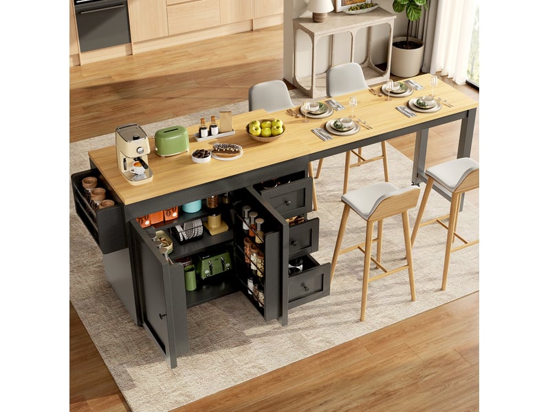  Desserte de cuisine extensible avec 3 tiroirs, 2 portes, étagères et roulettes freinées, noire, 116 × 45 × 89 cm  - Conforama B