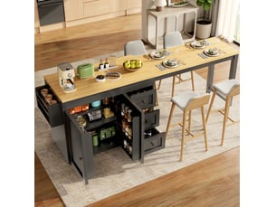 Desserte de cuisine extensible avec 3 tiroirs, 2 portes, étagères et roulettes freinées, noire, 116 × 45 × 89 cm