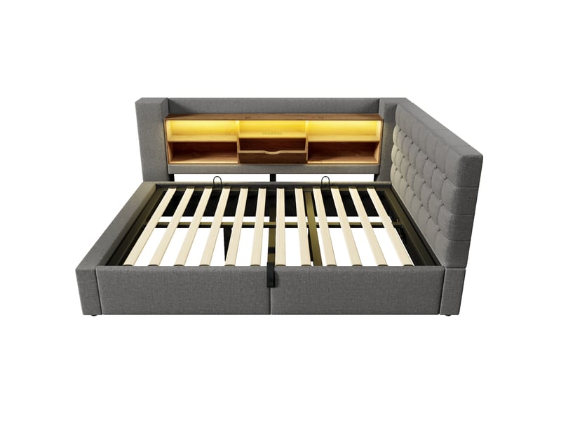  Lit double 140x190 cm avec rangement hydraulique et tête en l réversible, éclairage led, coloris lin gris, sans matelas  - Conforama D