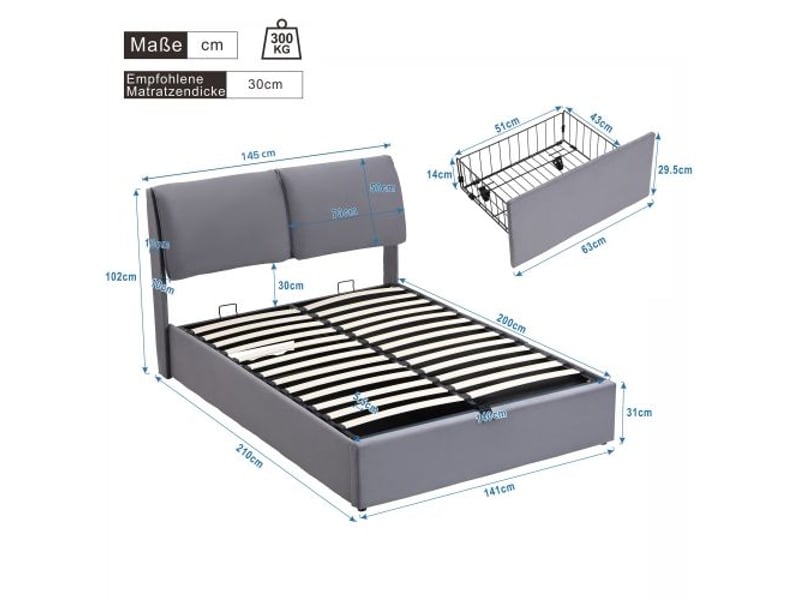  Lit capitonné 140x200 cm, vérin hydraulique, 3 tiroirscoffre, sommier à lattes, tête de lit velours gris – sans matelas  - Conforama C