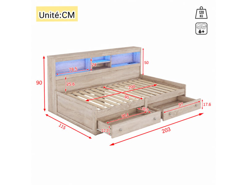  Lit banquette avec 2 tiroirs, rangements, éclairage à couleurs variables et prises de charge, en panneau de particules, blanc et naturel  - Conforama D