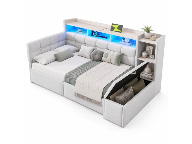 Lit banquette 90x190 cm avec deux tiroirs, ports usb et type-c, led, en velours, blanc, sans matelas - Conforama A